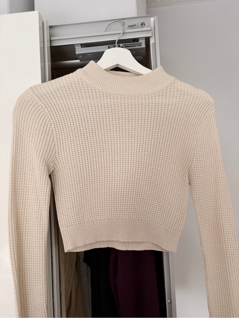 Garage Cream Waffle Knit Cropped Mock Neck Sweater